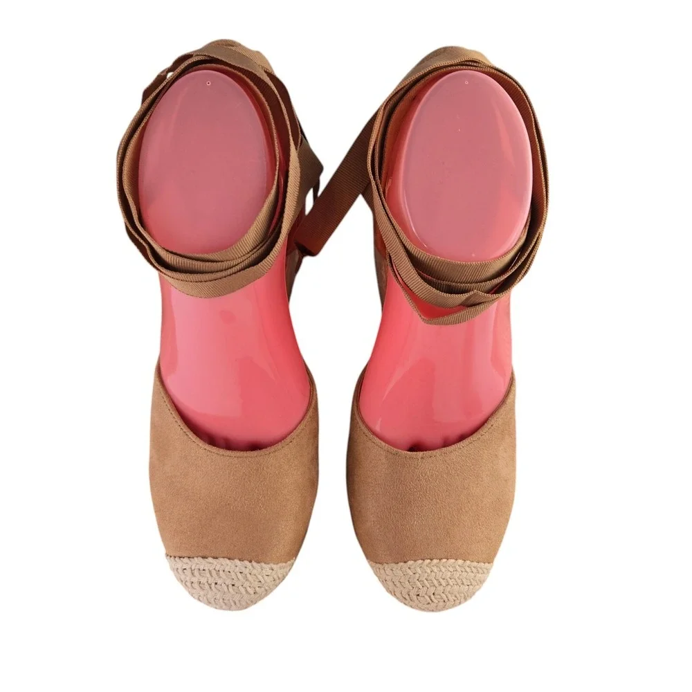 Soda Womens 9 Tan Faux Suede Ribbon Tie Espadrille Wedge Sandals